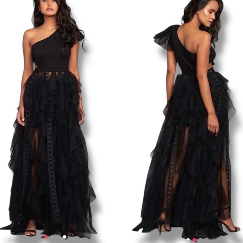 DEEPIKA ARORA XXL Black One‎ Shoulder Cutout Tulle Ruffle Gown Formal Dress Edgy